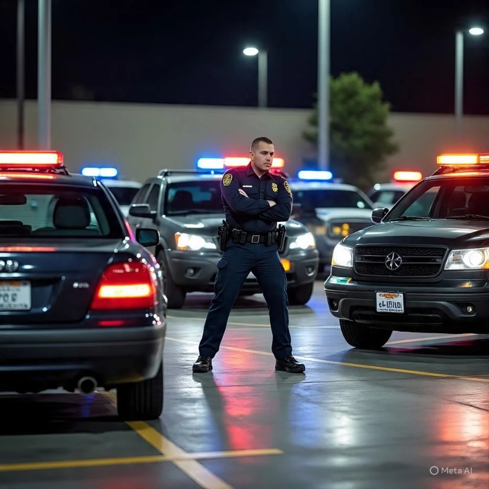 Police officer in parking lot facing reversing car, police vehicle behind, atmosphere suggests confrontation.”