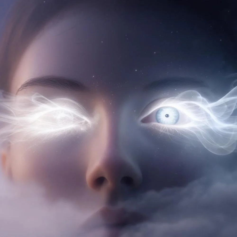 A soul emerging as light from lifeless eyes in a surreal twilight scene