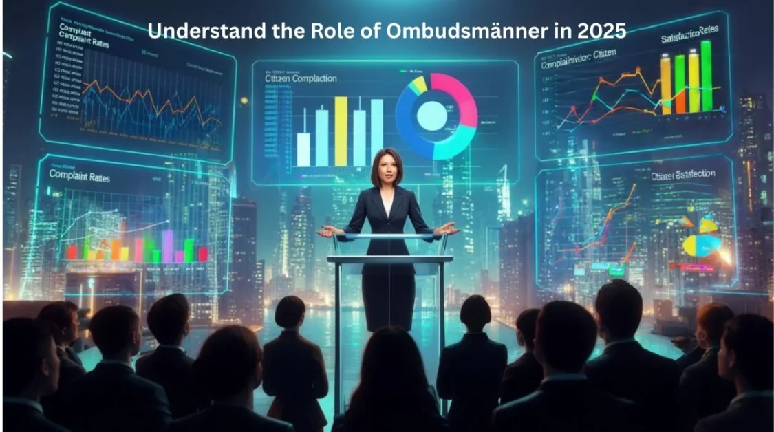 A modern ombudsperson presenting data on citizen complaints and satisfaction rates using digital charts in a futuristic city setting, illustrating the evolving role of Ombudsmänner in 2025.