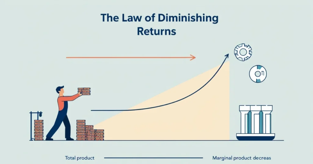 Graphical illustration of the law of diminishing returns showing a rising total product curve and a falling marginal product curve with factory and worker icons.