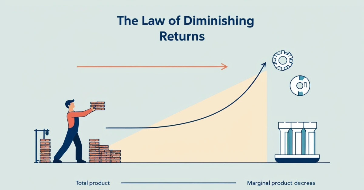 Graphical illustration of the law of diminishing returns showing a rising total product curve and a falling marginal product curve with factory and worker icons.