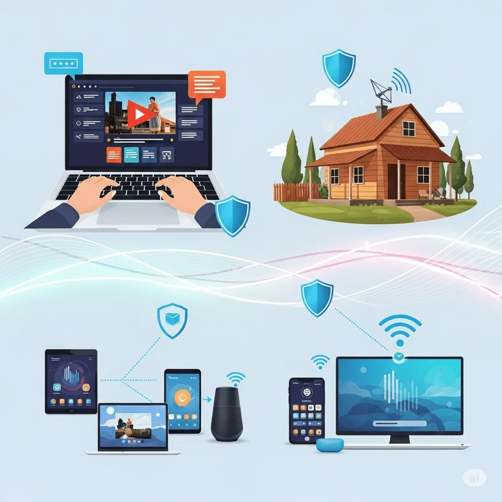 Illustration showing internet connectivity concepts like video streaming, rural satellite access, smart home devices, and digital security icons. 