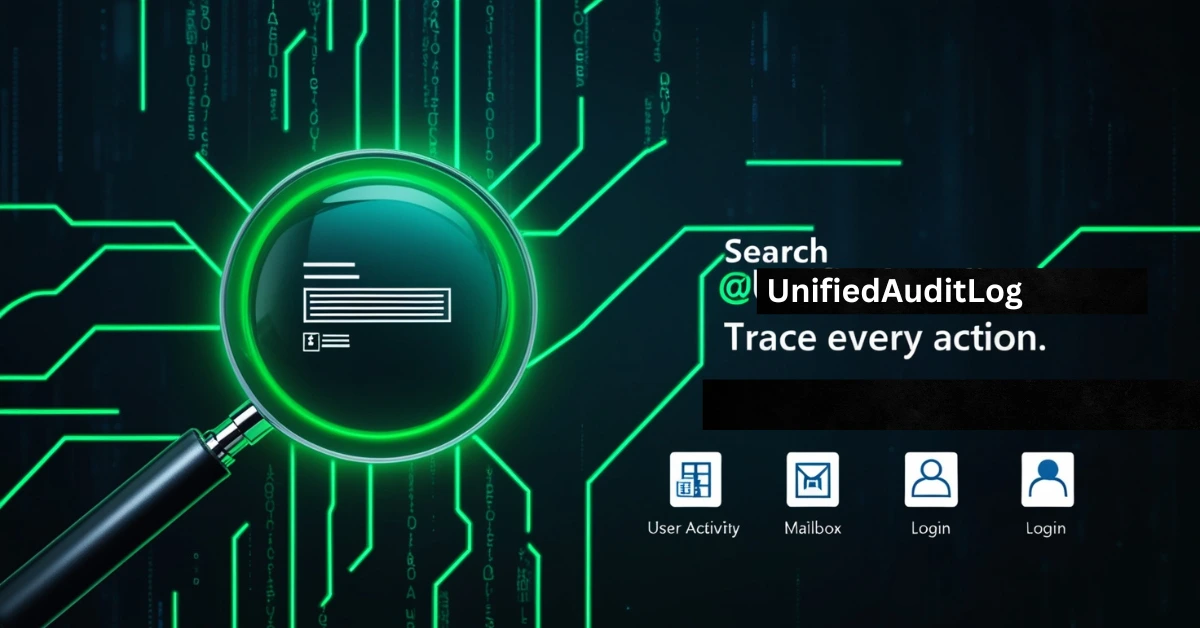 Cyber-themed image with green code, magnifying glass on audit log, and icons for user, mailbox, and login activity.