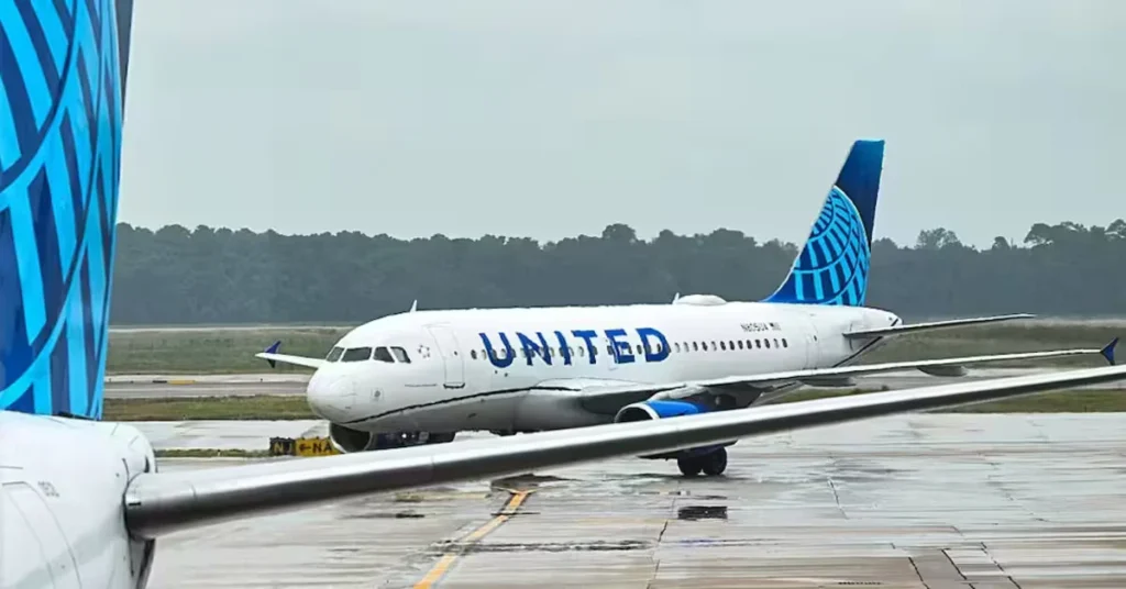 United Airlines flights on the tarmac with a visible aircraft showing the "UNITED" logo.