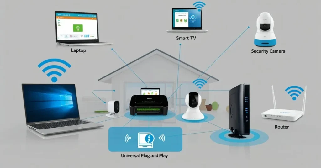 A home network setup showing smart devices like a TV, printer, and camera connected seamlessly using Universal PnP technology.
