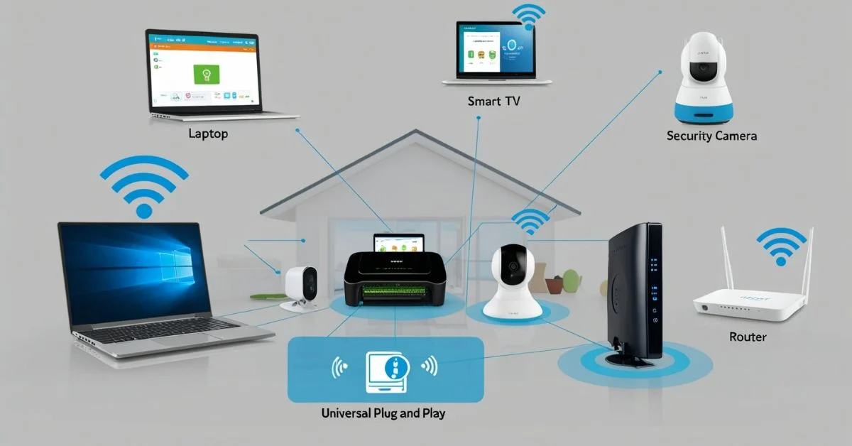 A home network setup showing smart devices like a TV, printer, and camera connected seamlessly using Universal PnP technology.