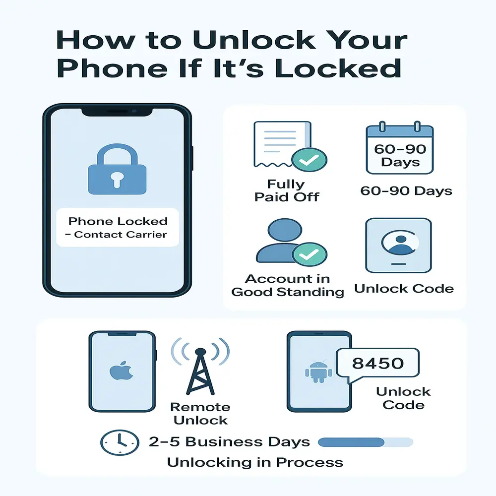 Steps to unlock a phone: meet carrier requirements, then wait 2–5 days for remote unlock (iPhone) or unlock code (Android). 
