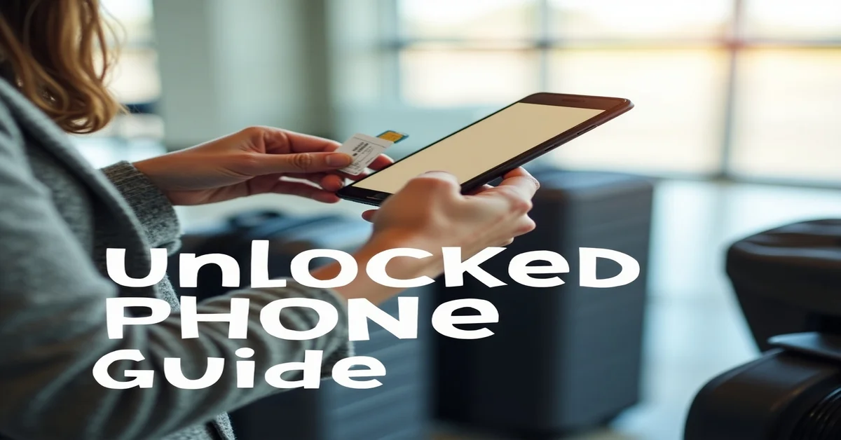 Person inserting a SIM card into a smartphone at an airport, with suitcases in the background and the text "Unlocked Phone Guide" overlaid.