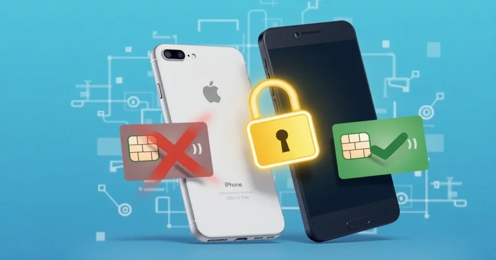 Two smartphones side by side, one iPhone showing a locked SIM icon with a red X, and one Android with an unlocked SIM icon and green check mark.