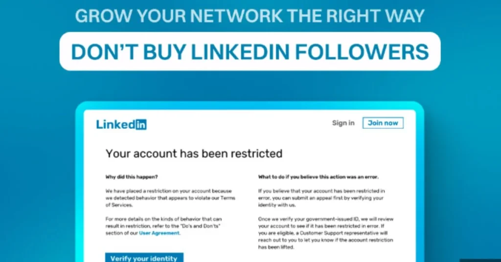 A warning message from LinkedIn stating an account has been restricted, with a bold headline above saying "DON'T BUY LINKEDIN FOLLOWERS" and "GROW YOUR NETWORK THE RIGHT WAY."