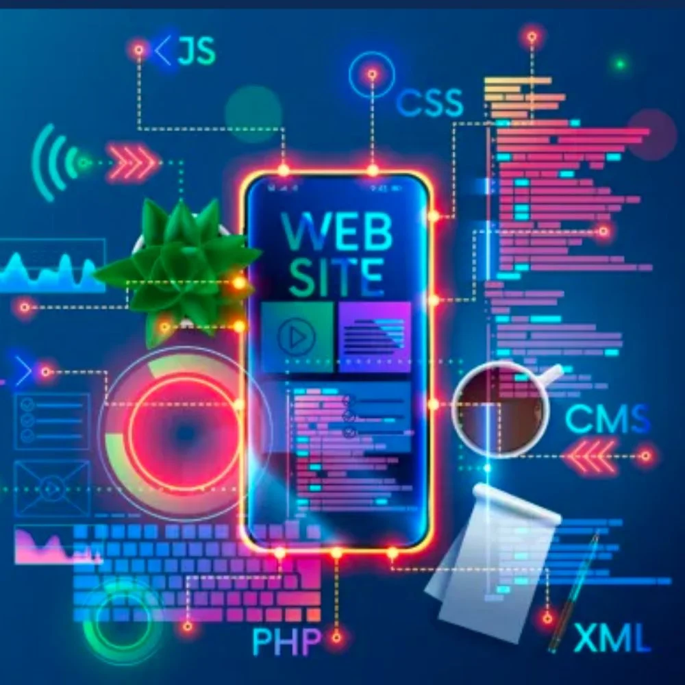 Colorful digital illustration of website development elements including code snippets, keyboard, coffee cup, and a mobile device labeled "WEBSITE" surrounded by terms like JS, CSS, PHP, CMS, and XML. 