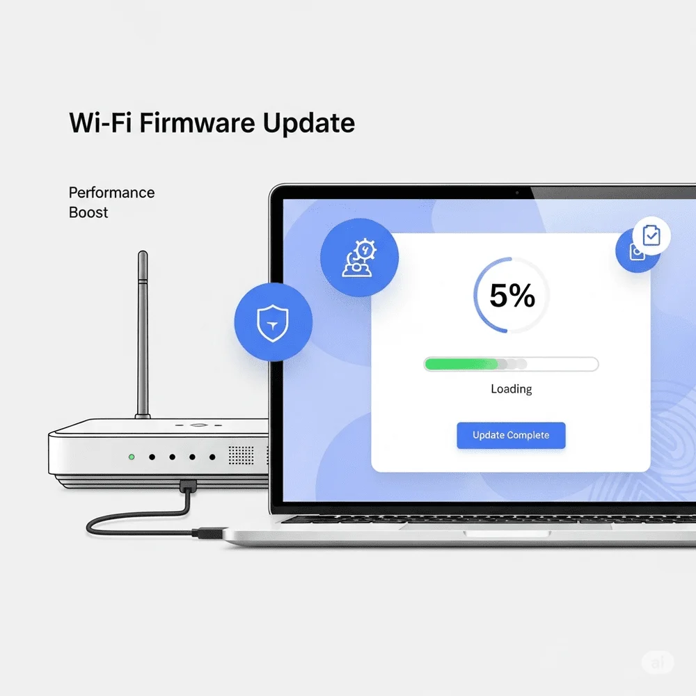 Wi-Fi router connected to a computer screen displaying firmware update progress to boost internet speed and security through regular software upgrades 