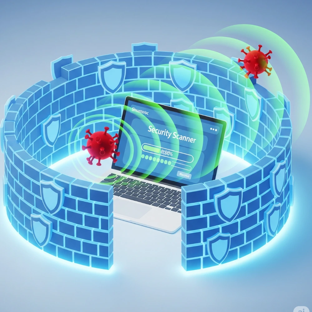 Illustration of a computer protected by antivirus and firewall with a shield icon