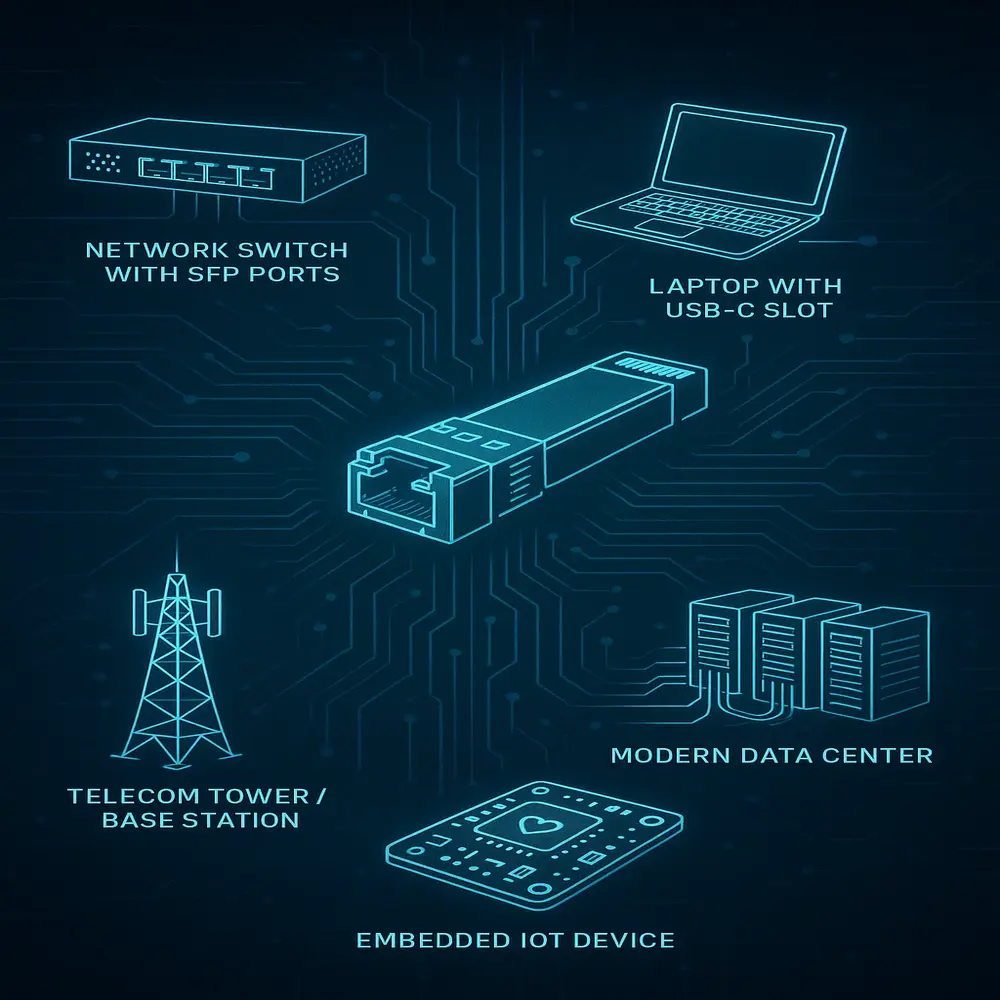 Visual diagram showing key uses of the small form factor pluggable character in devices like network switches, laptops, telecom towers, data centers, and IoT systems. 