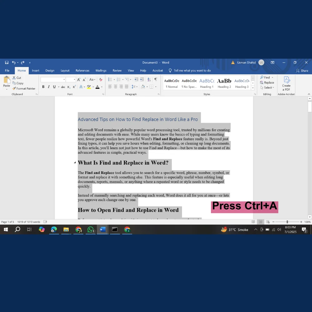 Keyboard shortcut Ctrl + A being used to highlight all content in a document. 