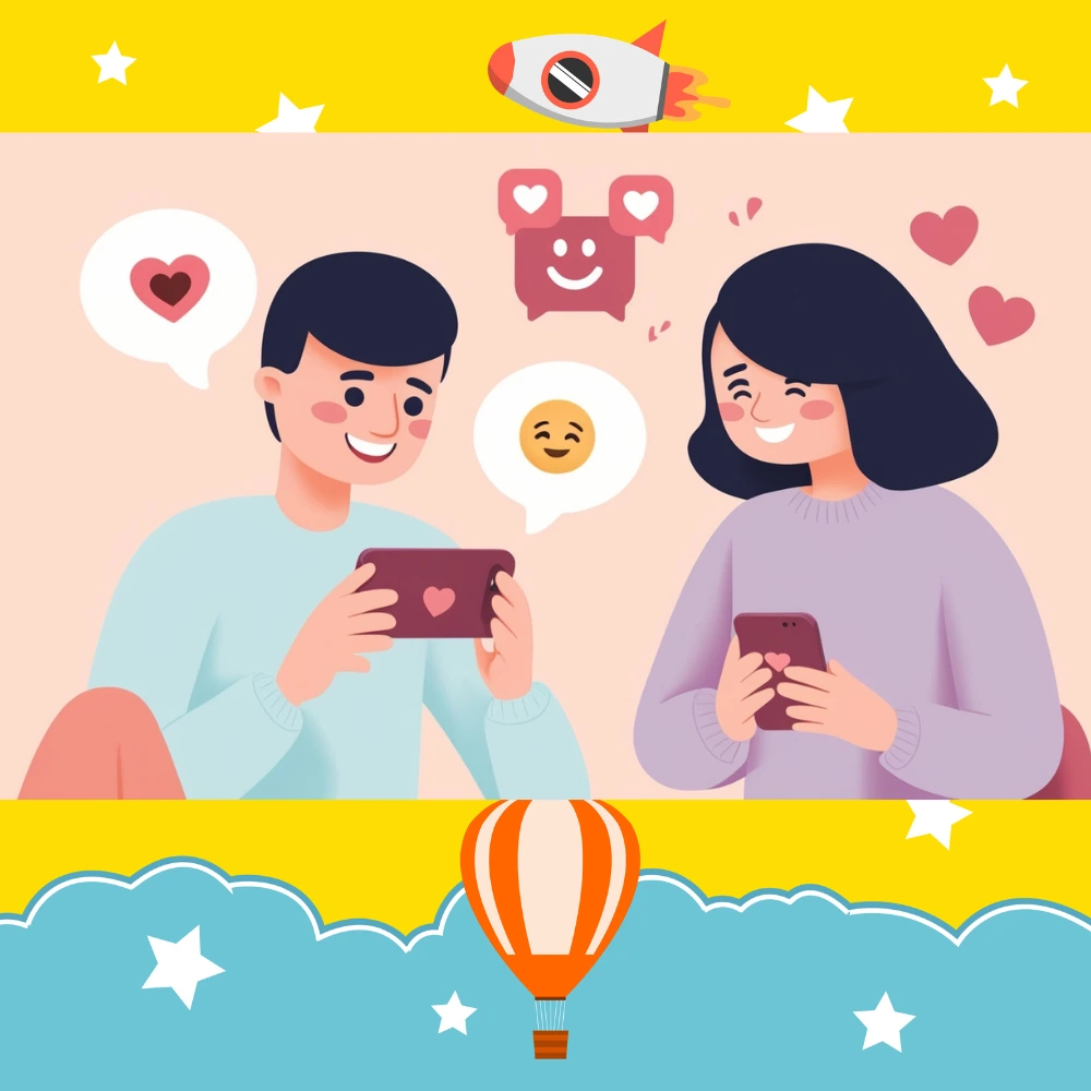 Illustration of two people connecting through social media, with emotional reactions like hearts, emojis, and comments showing empathy and support.