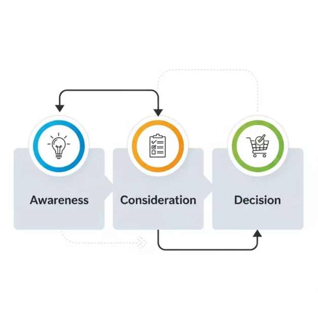 Three-stage flowchart showing awareness, consideration, and decision with matching icons.