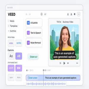 Veed.io interface in a browser with auto subtitles, green screen effect, AI tools, templates, and team collaboration icons.
