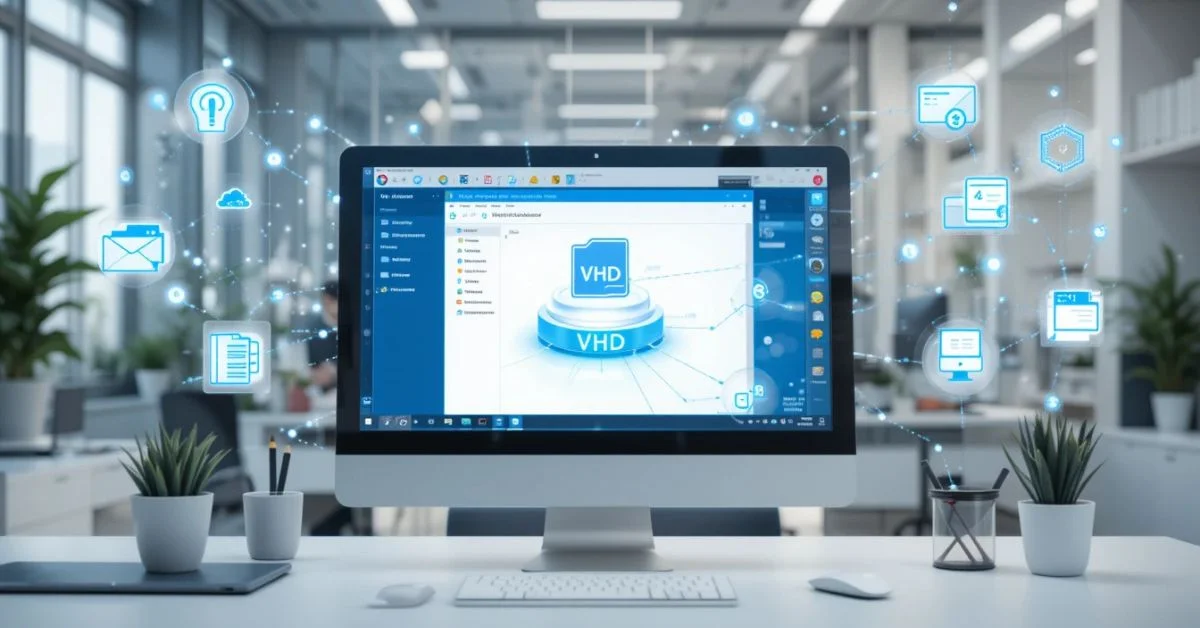 A computer screen showing a virtual hard disk (VHD) being managed, symbolizing data storage and virtualization