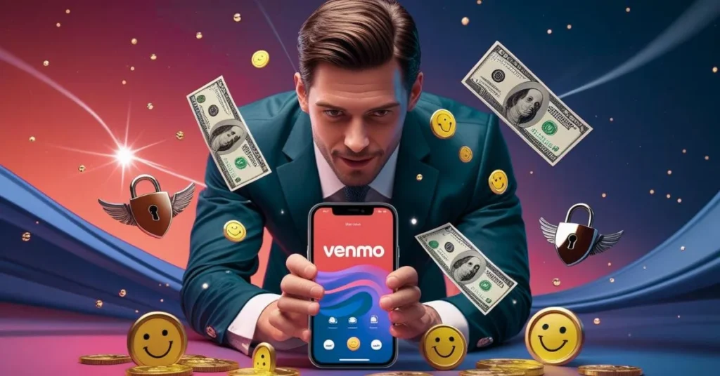 Man whispering while holding a phone with the Venmo app, surrounded by money, smiley coins, and security icons.