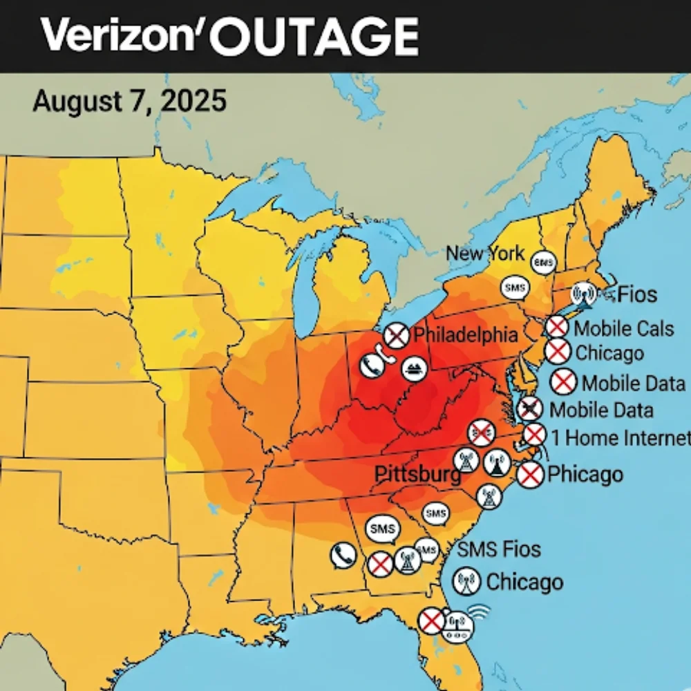 Map showing major U.S. cities affected by Verizon outage on August 7, 2025, highlighting mobile calls, SMS, data, and Fios internet disruptions.