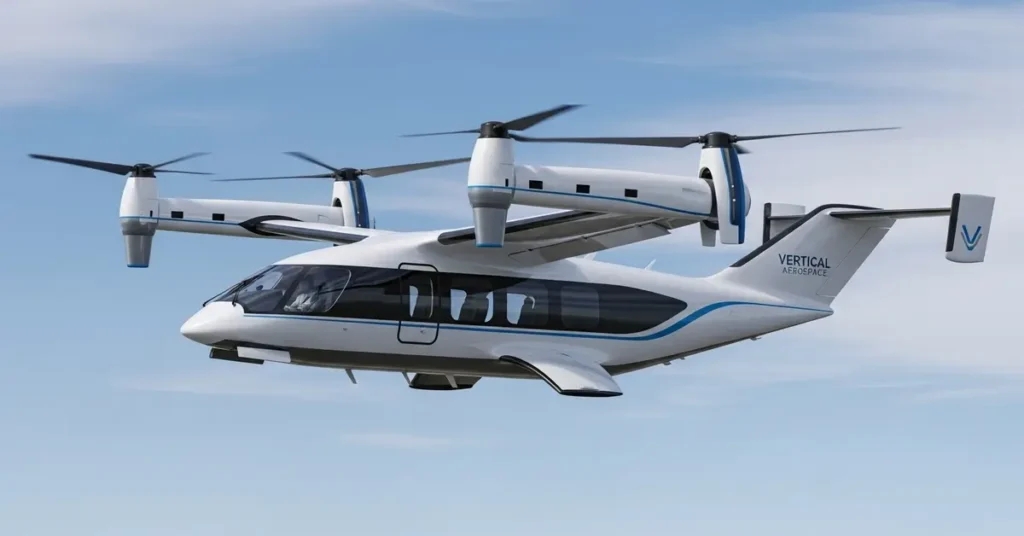 White Vertical Aerospace eVTOL flying in clear blue sky