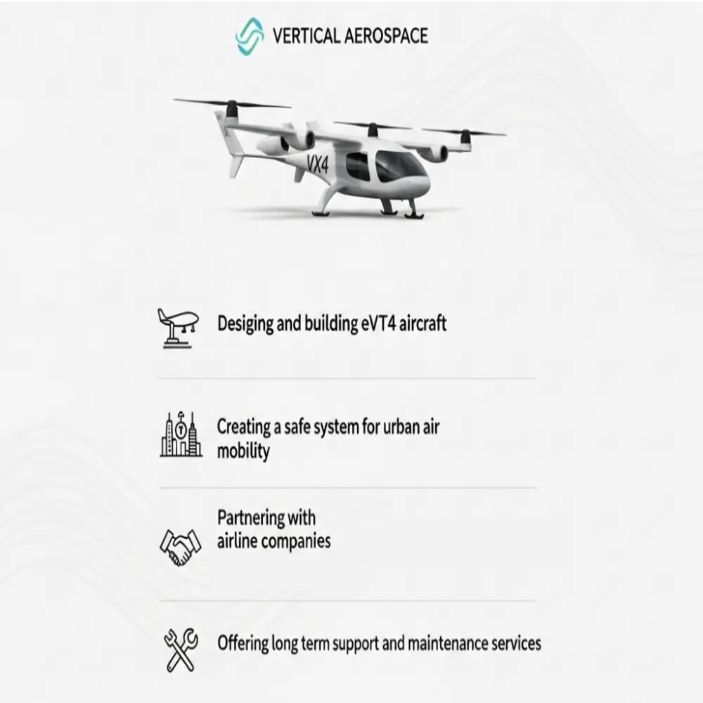 Infographic showing VX4 aircraft with four business model pillars of Vertical Aerospace