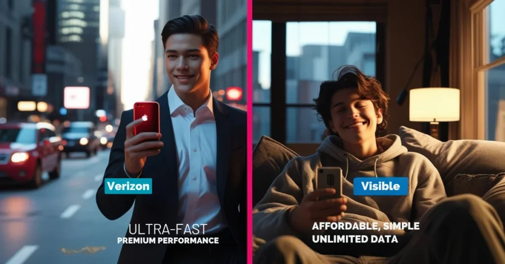 Split image with text comparing Verizon’s premium speed and Visible’s affordable simplicity.