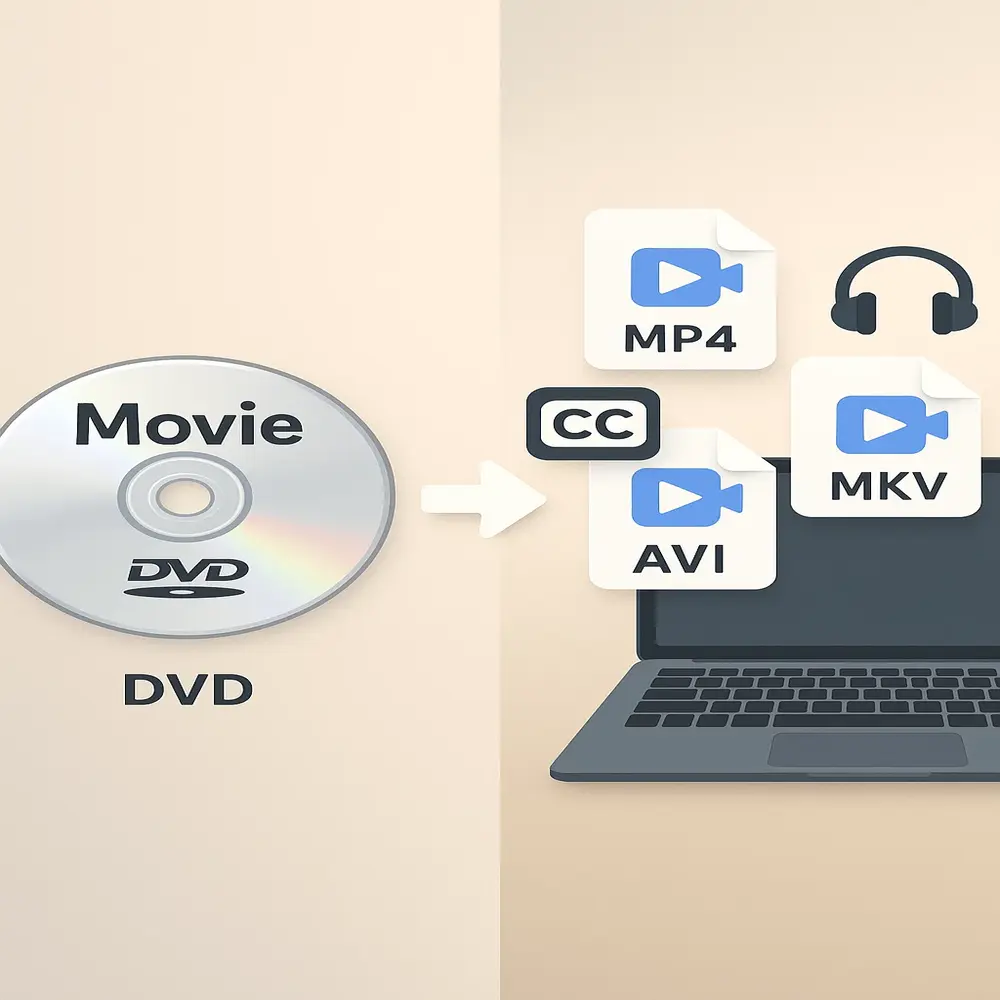 Illustration showing a DVD labeled "Movie" being converted into digital video formats like MP4, MKV, and AVI on a laptop, with icons for subtitles and audio. 