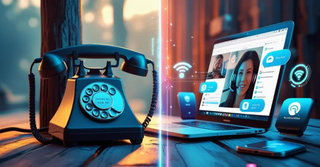 Landline phone and VoIP video call showing old vs modern communication.