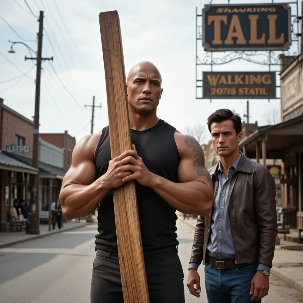 Khleo Thomas with The Rock under "Walking Tall" sheriff sign.