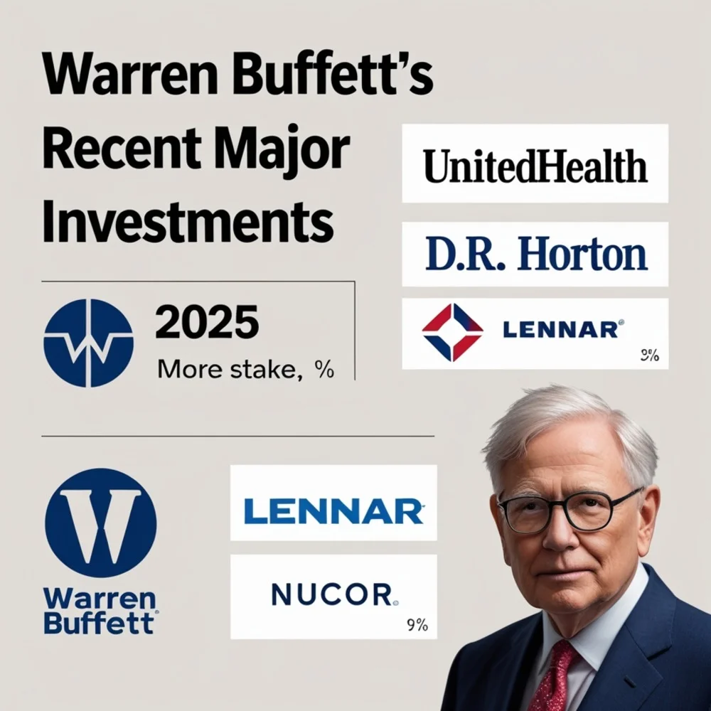 Infographic of Warren Buffett’s major 2025 investments in UnitedHealth, D.R. Horton, Lennar, and Nucor.