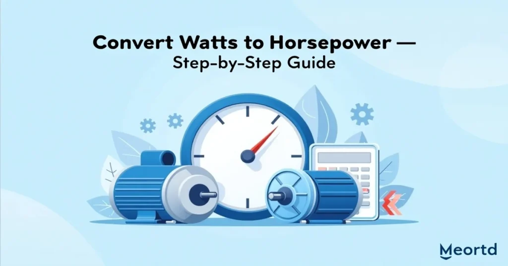 Professional vector graphic showing the conversion of watts to hp with motor, calculator, and gauge icons in a modern engineering style.