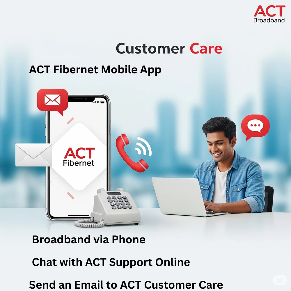 Illustration showing contact methods for ACT Broadband customer care, including phone, mobile app, email, and live chat icons with a smiling user on a laptop.
