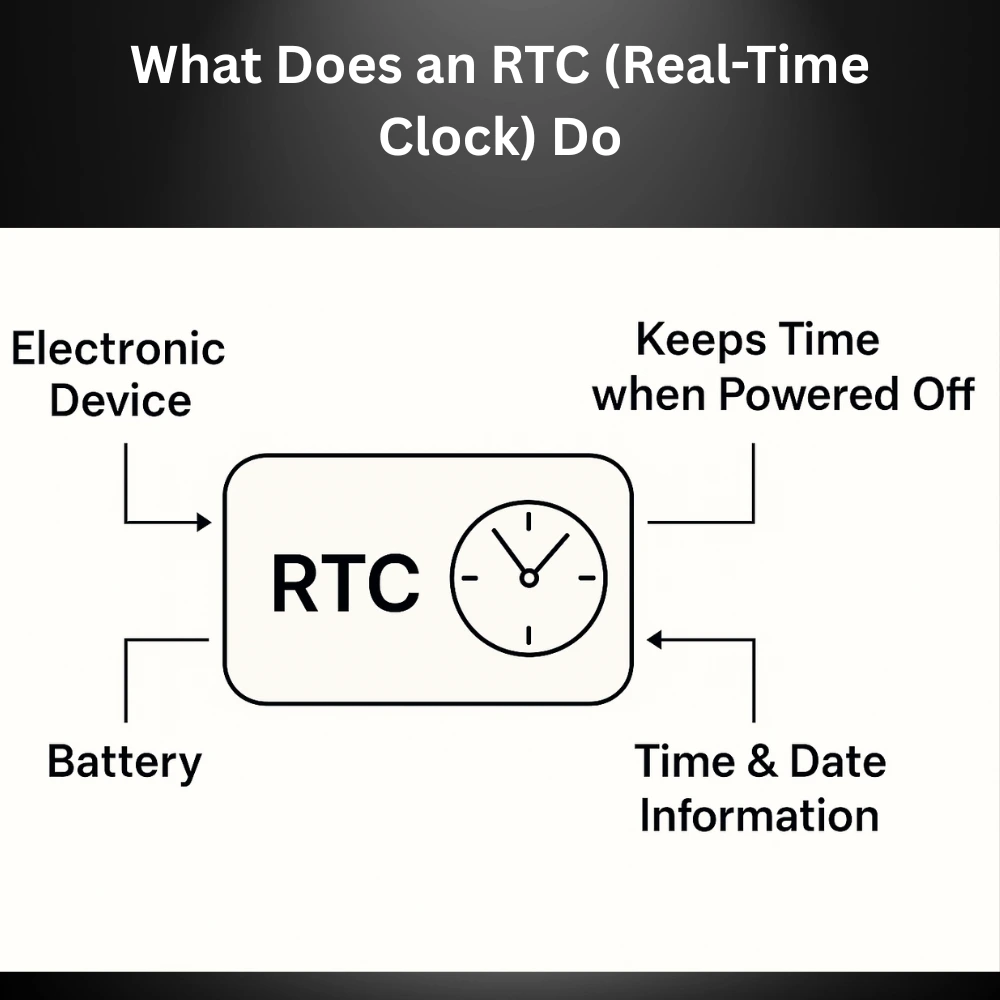 Diagram showing RTC chip with battery and time flow