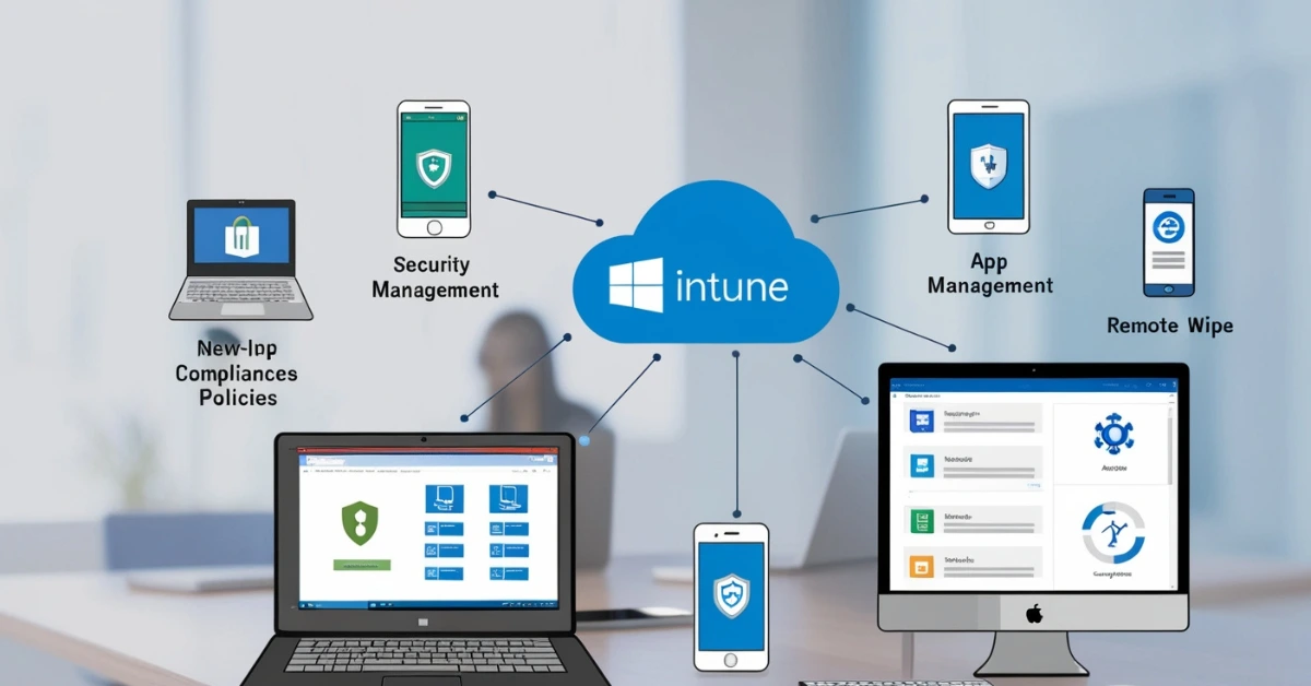 Illustration of Microsoft Intune managing multiple devices with icons for security, remote access, and compliance in a digital cloud environment.