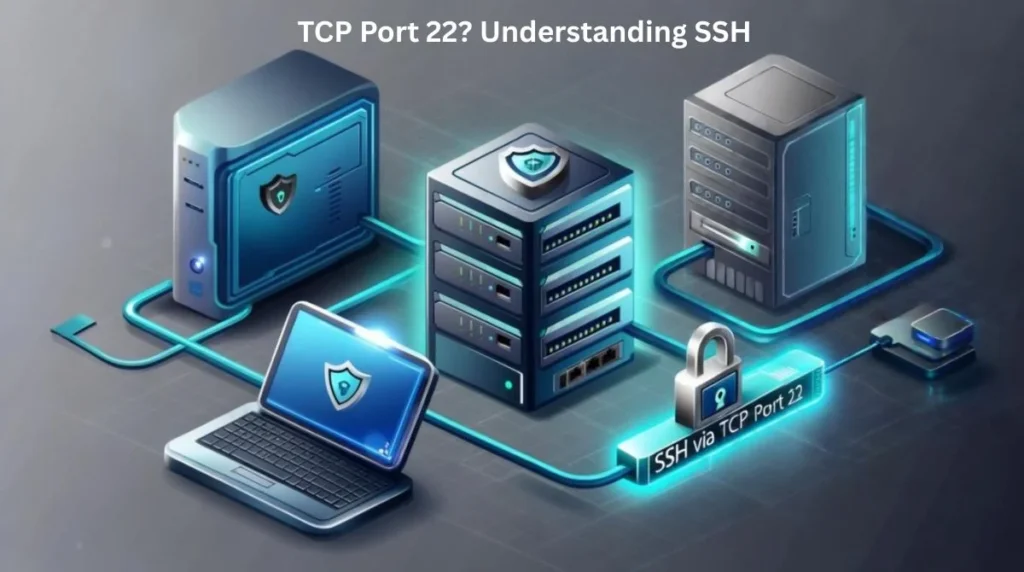 Secure isometric network showing SSH via TCP Port 22 with laptop, servers, and encryption symbols.