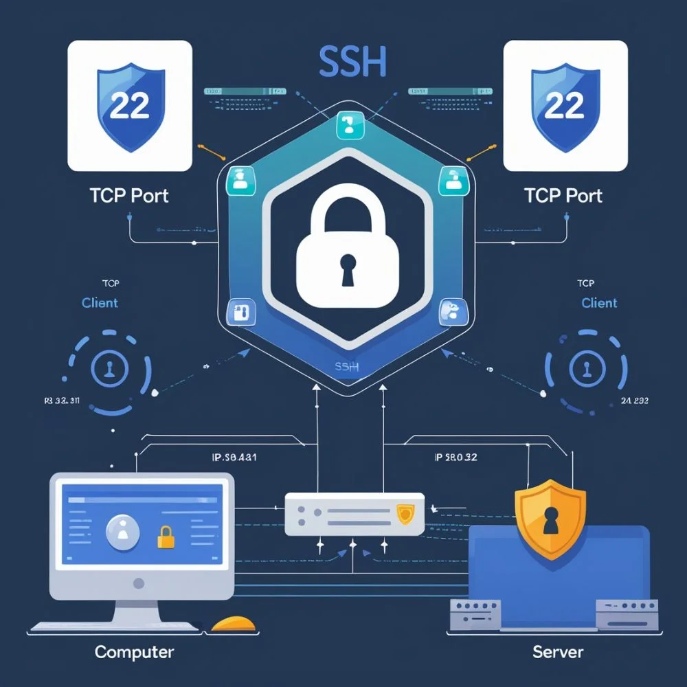 Client-server diagram showing SSH access through TCP port 22 with encryption symbols.