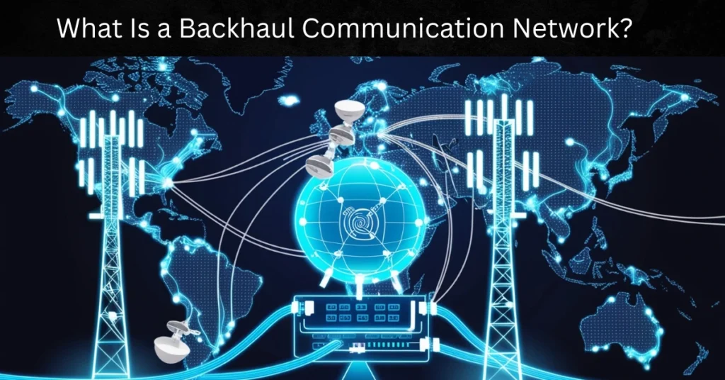 Illustration of a digital backhaul communication network showing data transmission between cell towers, fiber cables, and satellites connected to a central internet hub.
