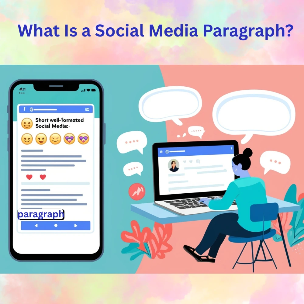 Illustration of a person typing a short social media caption on a phone, with emojis, likes, and paragraph icons representing a social media paragraph.