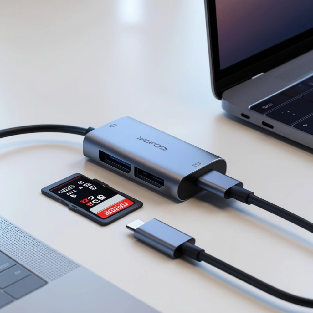 USB Type-C card reader connected to a laptop with SD and microSD cards, used for fast file transfers.