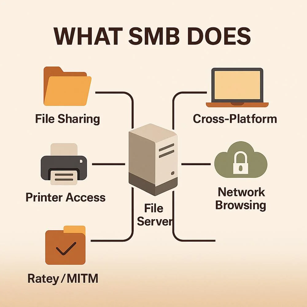 Illustration showing SMB file sharing, printer access, and device connections. 