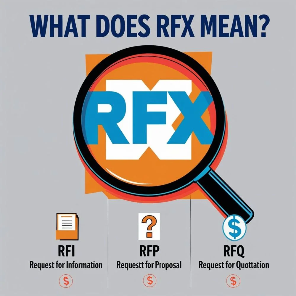 RFX meaning infographic showing RFI, RFP, and RFQ.