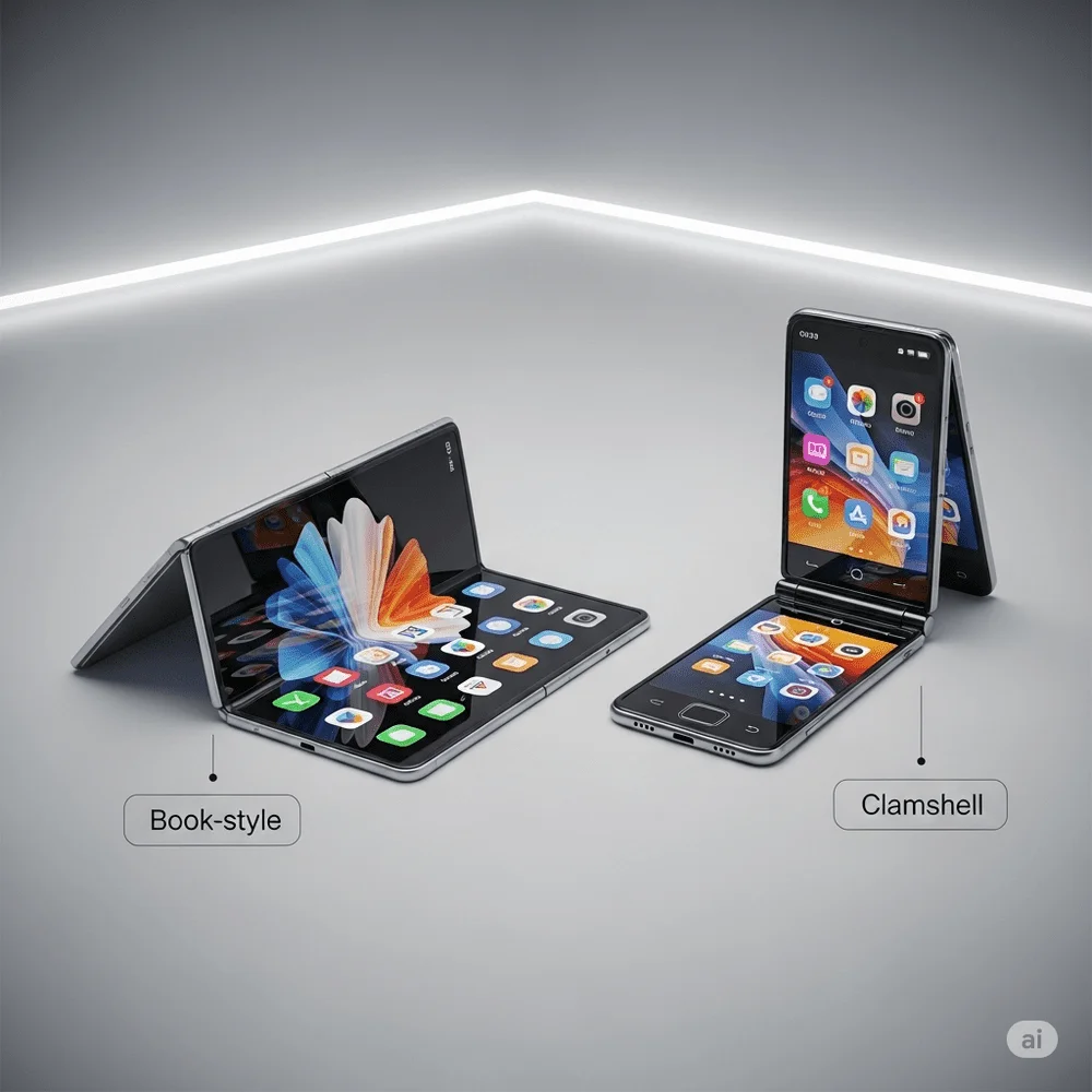 Side-by-side 3D render of a book-style and clamshell-style foldable smartphone, both with glowing OLED displays and vivid app icons, on a clean tech-themed background. 