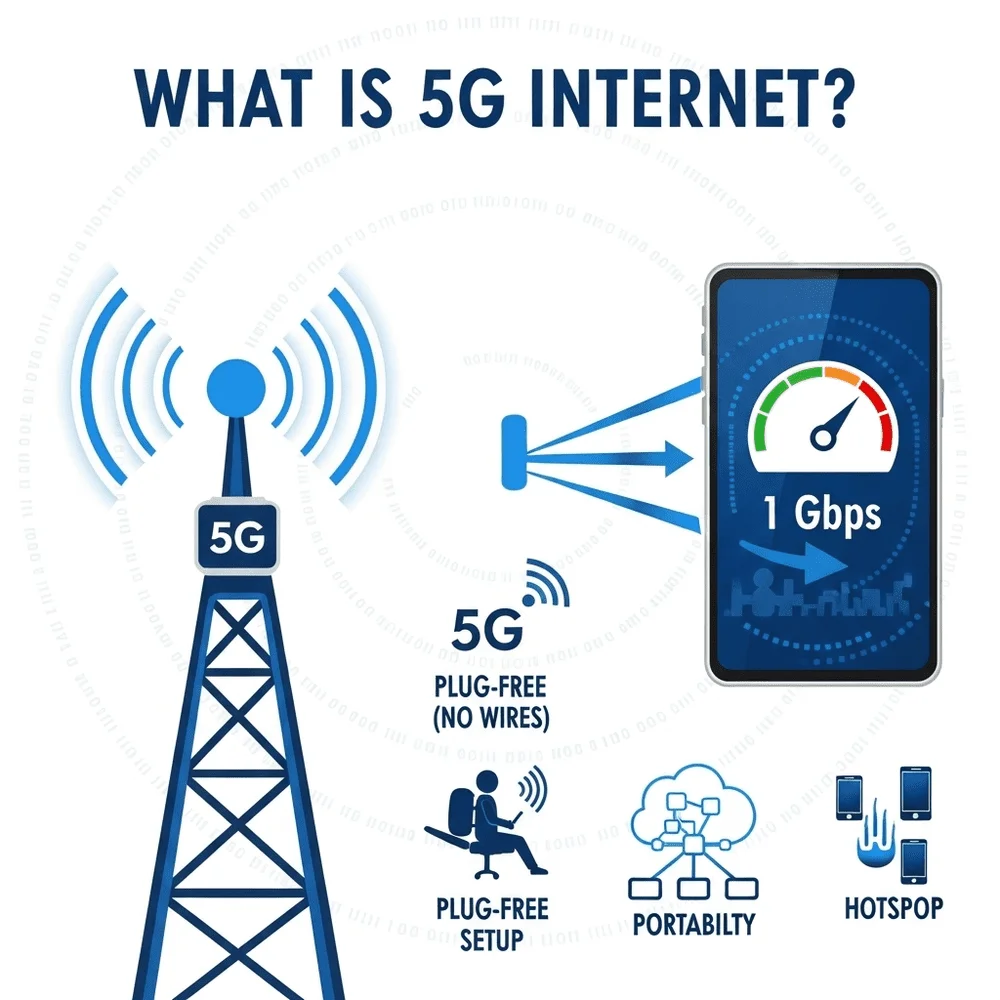 Infographic explaining 5G Internet with visuals of wireless tower, mobile devices, fast speed, portability, and multi-device connectivity. 