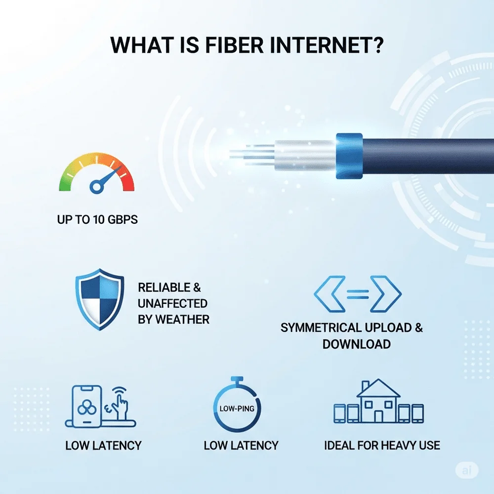 Infographic explaining Fiber Internet benefits like high speed, reliability, low latency, and symmetrical upload/download speeds. 