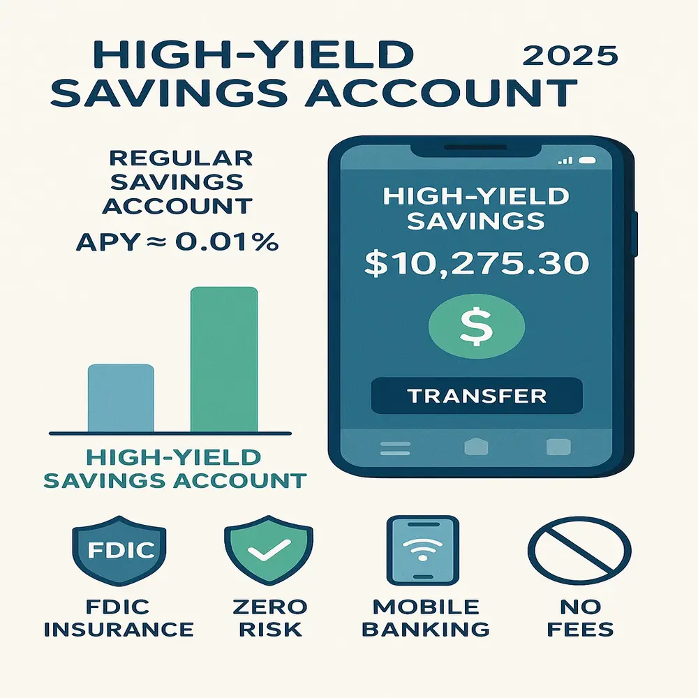 Visual comparison of 2025 traditional vs high-yield savings accounts with APY bars, banking app, and benefit icons on a modern blue-green background. 