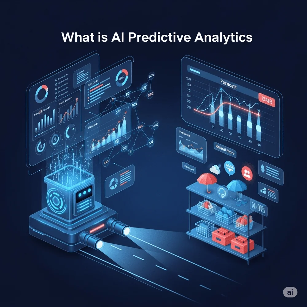 Futuristic illustration of a robot using charts and data to predict sales trends, with umbrellas, weather icons, and a glowing road symbolizing foresight. 