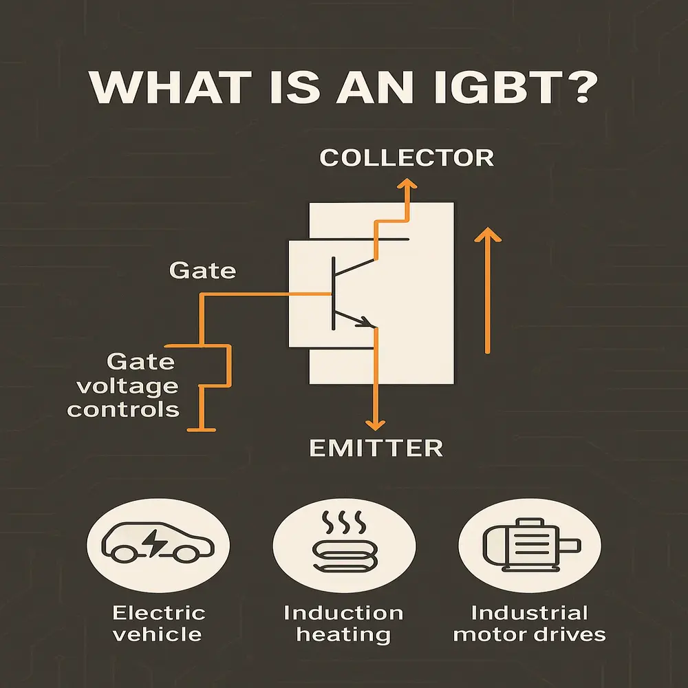 Illustration of an IGBT with labeled gate, collector, emitter terminals, showing current flow and high-power application icons. 