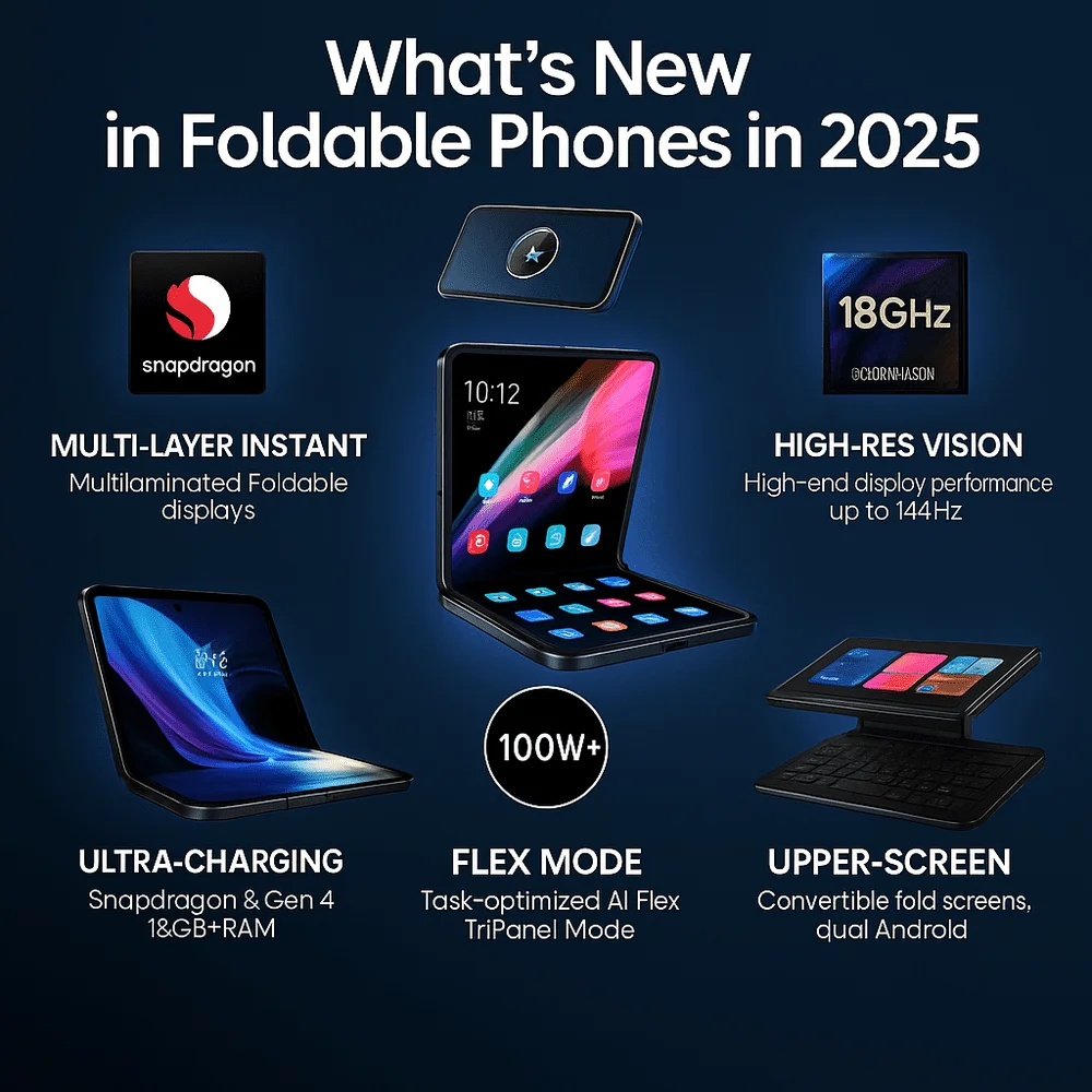  Infographic of 2025 foldable phone features like advanced displays, 144Hz screens, Snapdragon 8 Gen 4, fast charging, Flex Mode, and dual Android support.